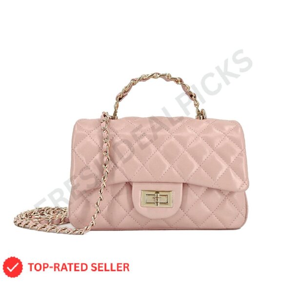 Quilted Leather Crossbody Bag Gold Chain Strap Classic Elegant Evening Purse